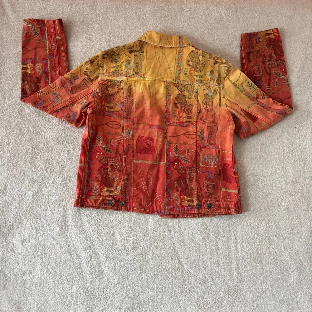 CHICOS DESIGN WOMEN OMBRÉ EMBROIDERED TRIBAL AZTEC THEME DENIM JACKET SZ 0